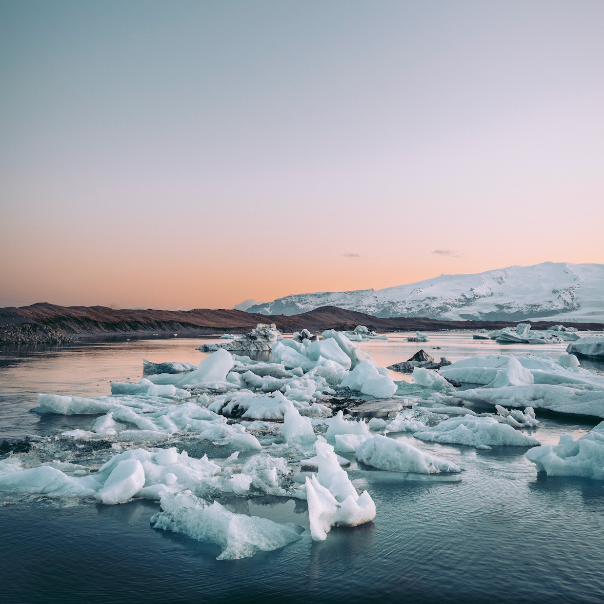 Icebergs floating in a body of water with a mountainous landscape and a starry sky.